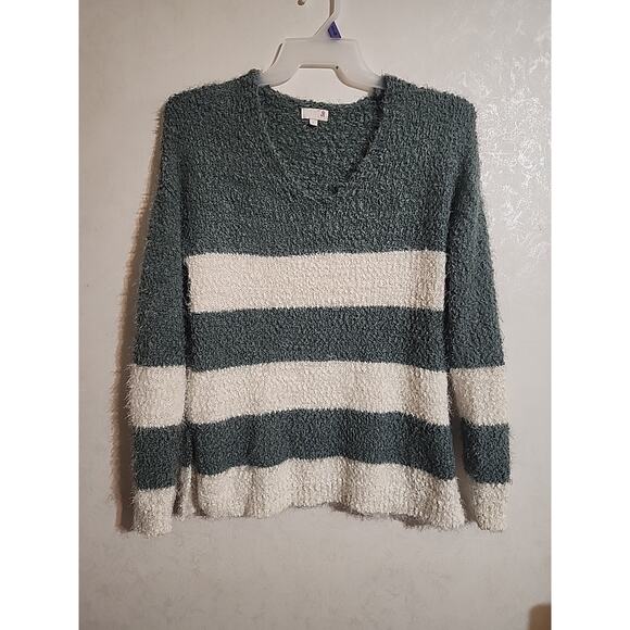 So Knit Sweater Color Block Wide Stripe Green White Fuzzy Tunic sz Large - Picture 1 of 6